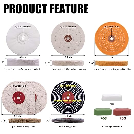 KingTool 13pcs Buffing Wheels Set - 6pcs 6" Buffing Polishing Wheel with 1/2" Arbor Hole, Crimped Wire Wheel with 1/2"-5/8" Inserts, 3pcs Polishing Compound, 15" Buffing rake, 2pcs Microfiber Towel