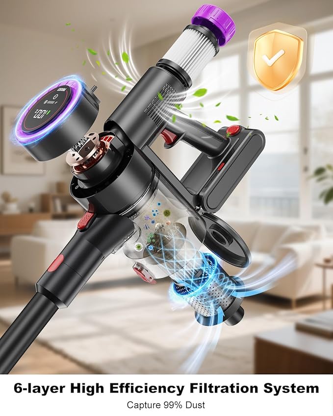 Cordless Vacuum Cleaner Bendable 6-in-1 Stick Vacuum — Lightweight with 45mins Runtime, LED Display & Headlight, Rechargeable for Carpet, Tile, Pet Hair & Hardwood Floors (Purple)