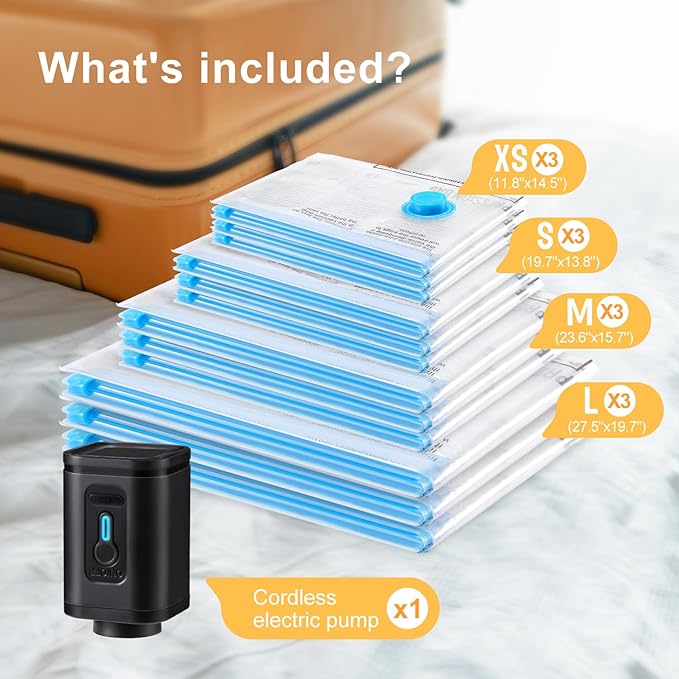 UPGOGO Combo 12 Pack Travel Vacuum Bags with Portable Electric Pump, Space Saver Vacuum Storage Bags for Clothing and Luggage, Travel Essentials