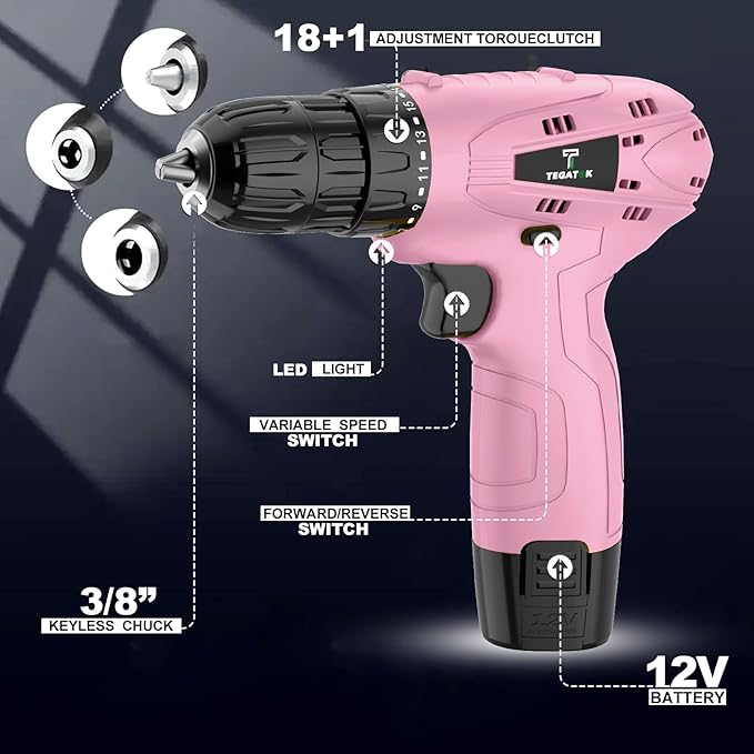 Tegatok Cordless Drill Set,12V Power Drill Set with Battery and Charger, Electric Driver Drills Bits, 3/8'' Keyless Chuck,18+1 Torque Setting with LED Electric Drills Set, Pink