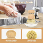 Wooden Dish Brushes, Dish Scrubber Brushs for Cleaning Dishes, Kitchen Wooden Cleaning Dsihes Set with Draining Rack, Natural Sisal Bristles, 3 Set