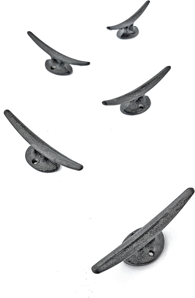 Ambipolar 5 Pack Decorative Cast Iron Heavy Duty Double Hooks, Wall Mounted Coat Hooks, Vintage Inspired (Antique Black) (Mooring Type)