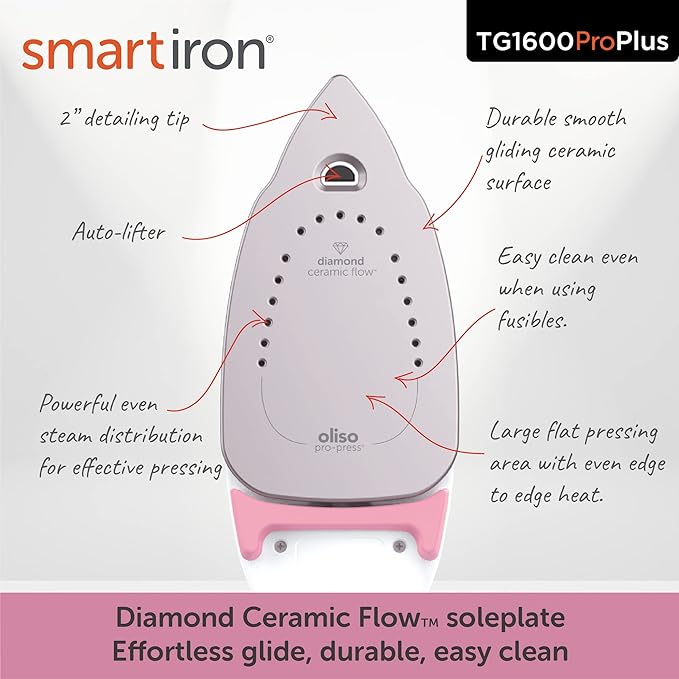 oliso TG1600 ProPlus Smart Iron with Auto-Lift – 1800 Watt Steam Iron for Clothes, Sewing, Quilting & Crafting – Diamond Ceramic-Flow Soleplate, Rosé
