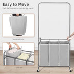 STORAGE MANIAC 136L Laundry Sorter with Hanging Bar, Portable, Removable Laundry Hamper Cart with Heavy Duty Rolling Lockable Wheels and Removable Bags, Rolling Laundry Basket Organizer, 3 Section