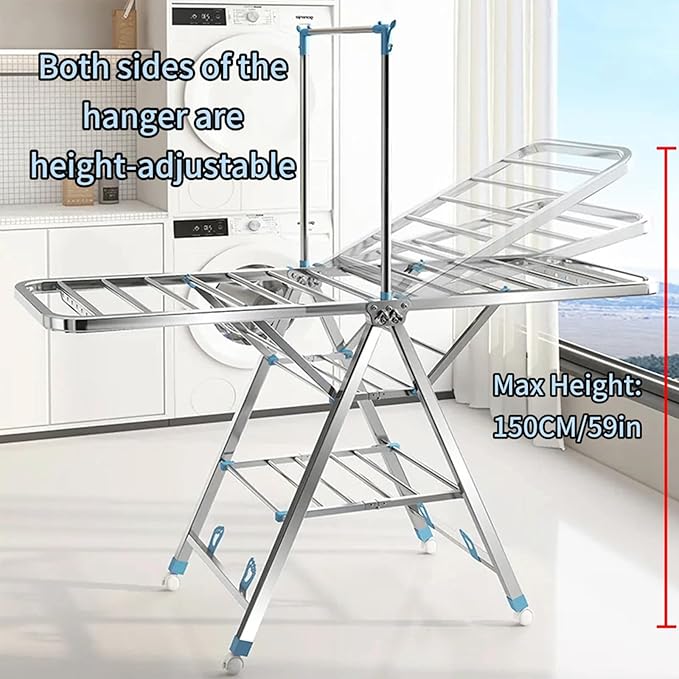 Heavy Duty Clothes Drying Rack Foldable with Brake Wheels,75''Extra-Thick Metal Frame, No Assembly Required, Adjustable Height for Indoor Outdoor Use