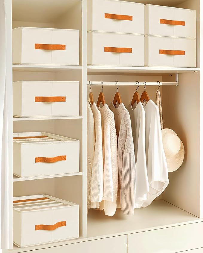 Clothes Organizers and Storage - 4/5/7 Grids Fabric Jeans Organizer with Handles, Foldable Closet Organizers Dividers, Wardrobe organizer for Pant, Sweater, T-shirt, Scarf, 3 Pack, Beige