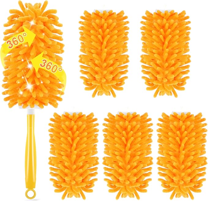 Reusable Duster Refill for Swiffer Duster Refill, 360° Heavy Duty Duster Refills Kit, 5 Pack with 1 Handle Microfiber Ceiling Fan Dusters for Cleaning（Orange, 5PCS）