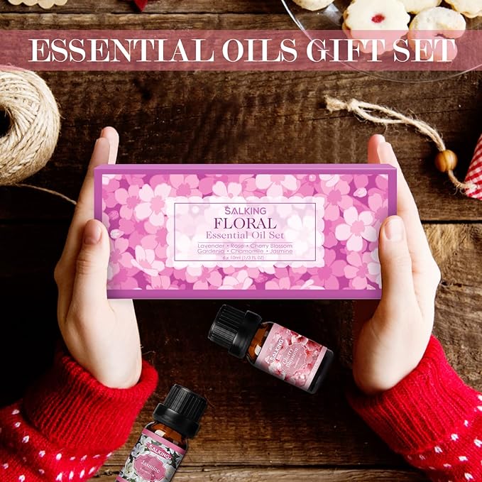 SALKING Floral Essential Oils Set, Premium Pure and Natural Essential Oils, Fragrance Oil Scented Oils for Oil Diffusers 6 x 10 ML - Lavender, Rose, Jasmine, Cherry Blossom, Gardenia, Chamomile
