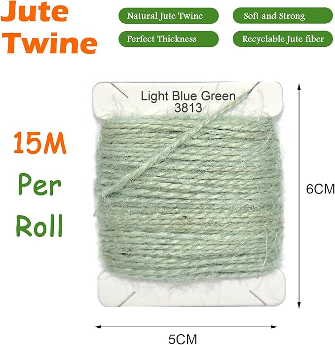 Jute Twine 15m Long Twine String for Crafts Gift Wrapping Packing Gardening Crochet Knitting Macrame Decor (Light Blue Green)