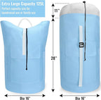 Laundry Bag Backpack, 125L Extra Large Travel with Shoulder Straps, Adjustable & Extendable Design, Laundry Hamper Bag with 3 Pockets for Laundromat, College, Travel, Camping (Light Blue)