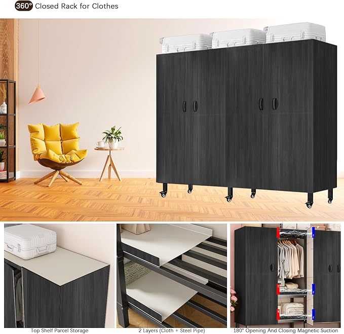 Foldable Portable Armoire Wardrobe Closet for Hanging Clothes Rack, Heavy Duty Covered Clothes Rack with Cover(HARDBOARD Magnetic), Closet Garment Rack for Bedroom Storage (KT Black, 66.14in)