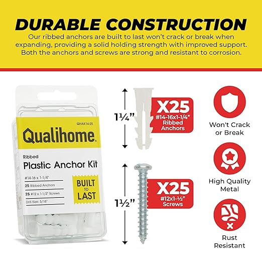 Qualihome Ribbed Plastic Drywall Anchor Kit, Wall Anchors and Screws for Drywall Includes Anchors, & Screws, 1 Masonry Drill Bit, Mounting Tolls for Decor, Shelving ([25 Pack] 14-16 x 1-1/4")