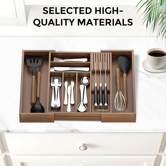 Bamboo-Silverware-Drawer-Organizer-Kitchen, Expandable Utensil Holder Cutlery Tray Flatware Organization Adjustable Wood Tableware Dividers Storage (with Removable Knife Block)(Brown)