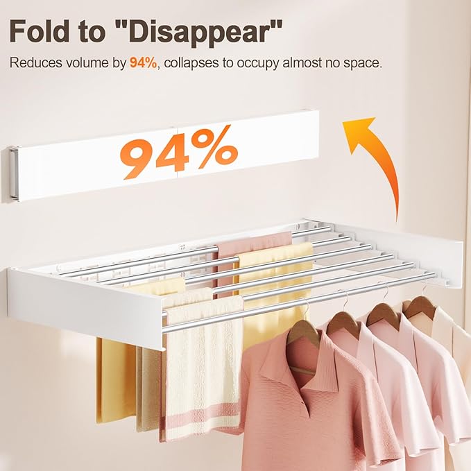 Wall Mounted Clothes Drying Rack Folding Indoor, Foldable Laundry Drying Rack Collapsible,Invisible, Space Saving, Retractable Towel Drying Rack, with Wall Template(6 Drying Rods, White 40")