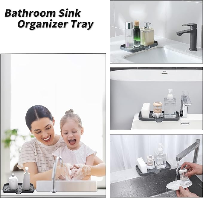 Silicone Bathroom Soap Dishes with Drain Spout-Bathroom and Kitchen Sink Organizer,Sponge Holder,Dish Soap Tray,Perfect for Dispenser,Scrubber,Bottle,Cup on Sink or Counter-Grey 9.6"×5.3"