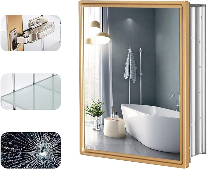 22x30 Inch Bathroom Medicine Cabinet with Gold Framed Mirror – Recessed or Surface Mount Storage Cabinet, Single Door Rustic Farmhouse Design