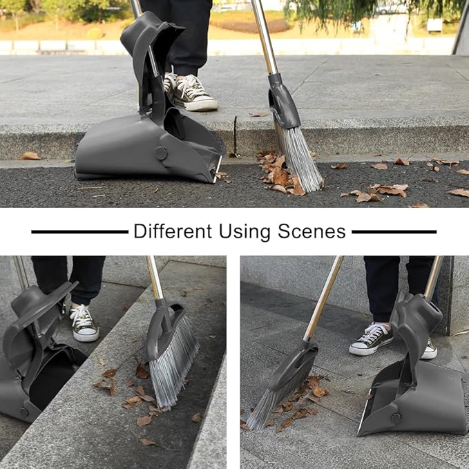 Long Handle Heavy Duty Broom and Dustpan Set, Outdoor and Commercial Upright Dustpan and Brush for Restaurant Garage Garden Yard Office,Black