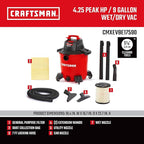 CRAFTSMAN CMXEVBE17590 9 Gallon 4.25 Peak HP Wet Dry Vac, Portable Shop Vacuum Wet and Dry with Filter, Dust Bag, Hose and Attachments for Home, Garage and Automotive Cleaning
