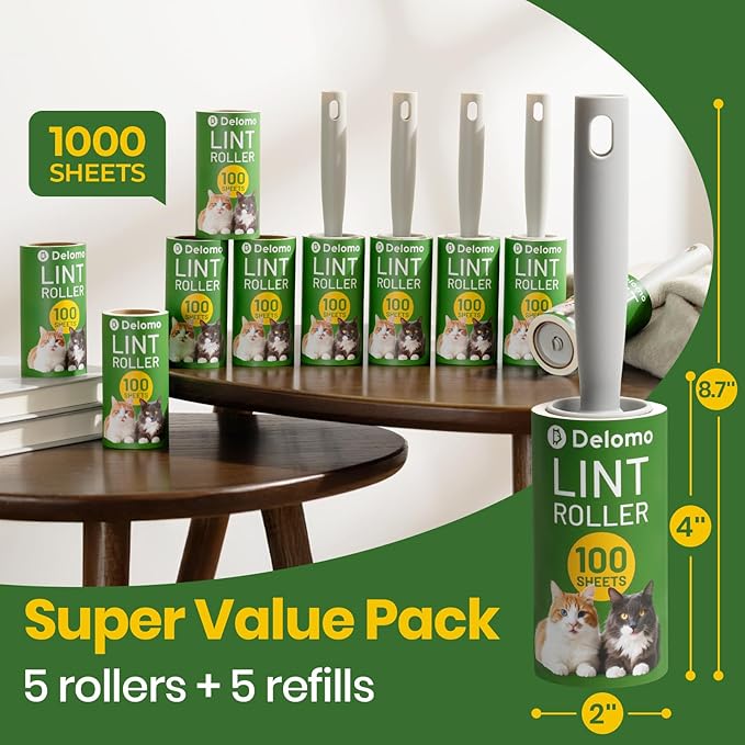 DELOMO Lint Roller 1,000 Sheets (5 Rollers + 5 Refills) - Lint Rollers for Pet Hair Extra Sticky, Mega Value Pet Hair Removal Tool for Clothes/Couch/Furniture/Car - Ideal for Pet Owners