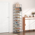LANTEFUL 10 Tiers Tall Shoe Rack 20-25 Pairs Boots Organizer Storage Sturdy Narrow Shoe Shelf for Entryway, Closets with Hooks, Grey