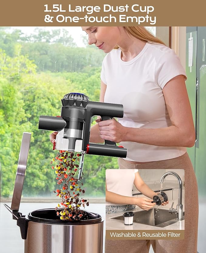 V15 Cordless Vacuum Cleaner, 45Mins Powerful Vacuum Cleaners for Home, Lightweight Stick Vacuum with Advanced Green Light Tech, Rechargeable Battery Vacuum for Carpet,Pet Hair,Hardwood Floor