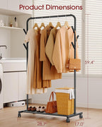 Sakugi Clothes Rack - Metal Coat Rack with Bottom Shelf, Portable Wardrobe Rack with 6 Side Rods, Rolling Clothing Rack for Hanging Clothes for Bedroom or Laundry Room (Black, 28.7 x 17 x 59.4)