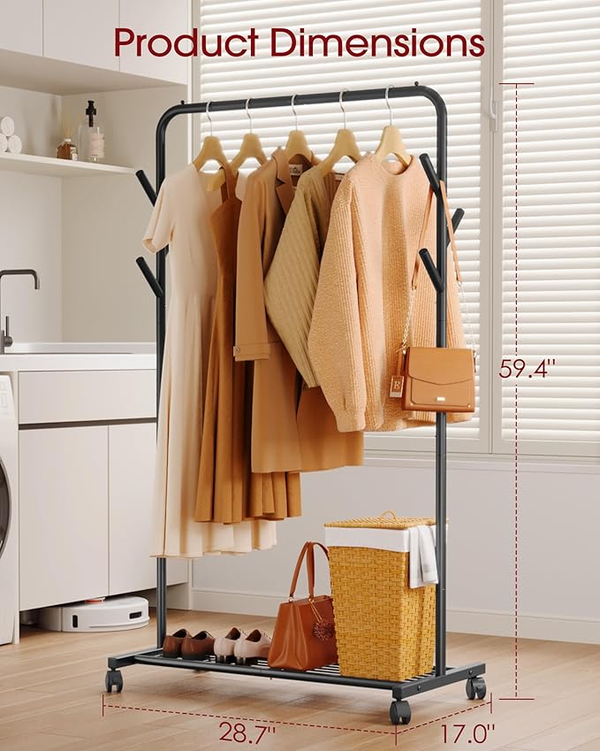 Sakugi Clothes Rack - Metal Coat Rack with Bottom Shelf, Portable Wardrobe Rack with 6 Side Rods, Rolling Clothing Rack for Hanging Clothes for Bedroom or Laundry Room (Black, 28.7 x 17 x 59.4)