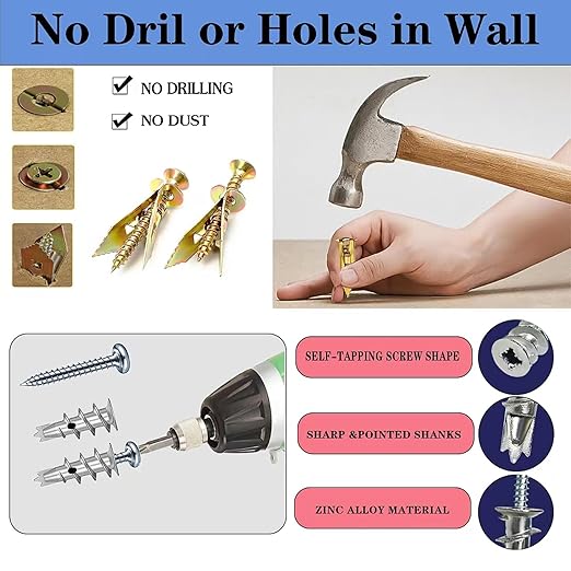 380pcs Self Drilling Drywall Anchors with Screws, 5 Different Sizes Zinc Plated Steel Self-Drilling Anchors Set, Easy Application No Drill or Holes in Wall