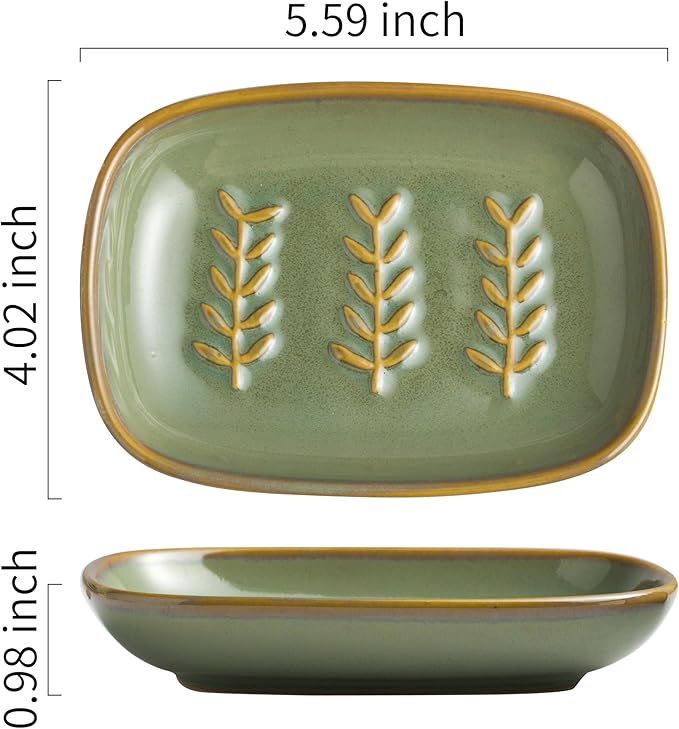 Soap Dish Soap Holder Shower, Ceramic Soap Dishes for Bar Soap Sponge, Shower Soap Dish Soap Saver Tray for Bathroom Kitchen Sink, Easy to Clean, Green