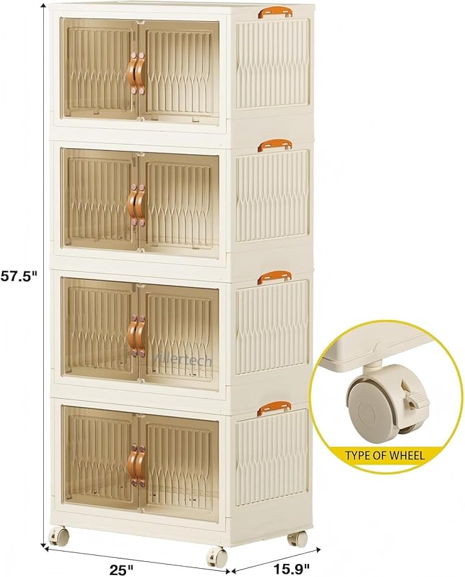 Stackable Storage Bins 104 Qt, Folding Storage Box with Lids and Doors, Open Front Folding Storage Bins with Wheels Large Plastic Storage Container Closet Organizers (4 Tier)