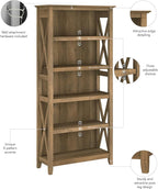 Bush Furniture Tall 5 Shelf Bookcase for Living Room or Home Office, Large Bookshelf, Modern Farmhouse Style, Key West Collection, Reclaimed Pine