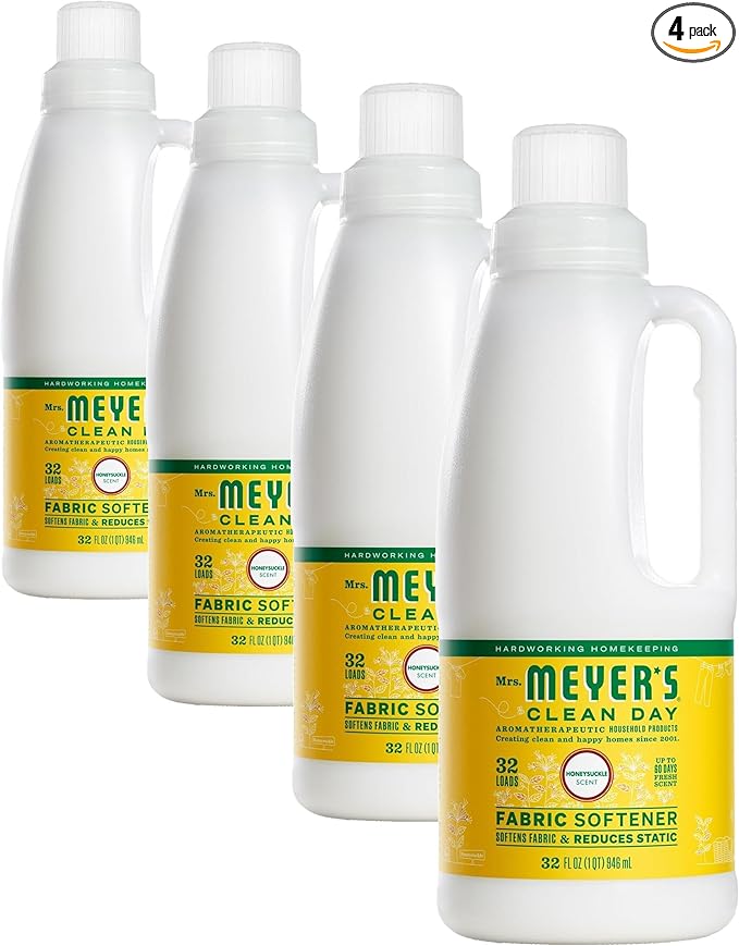 MRS. MEYER'S CLEAN DAY Liquid Fabric Softener,Infused with Essential Oils,Paraben Free,Honeysuckle,32 oz (32 Loads),(Pack of 4)