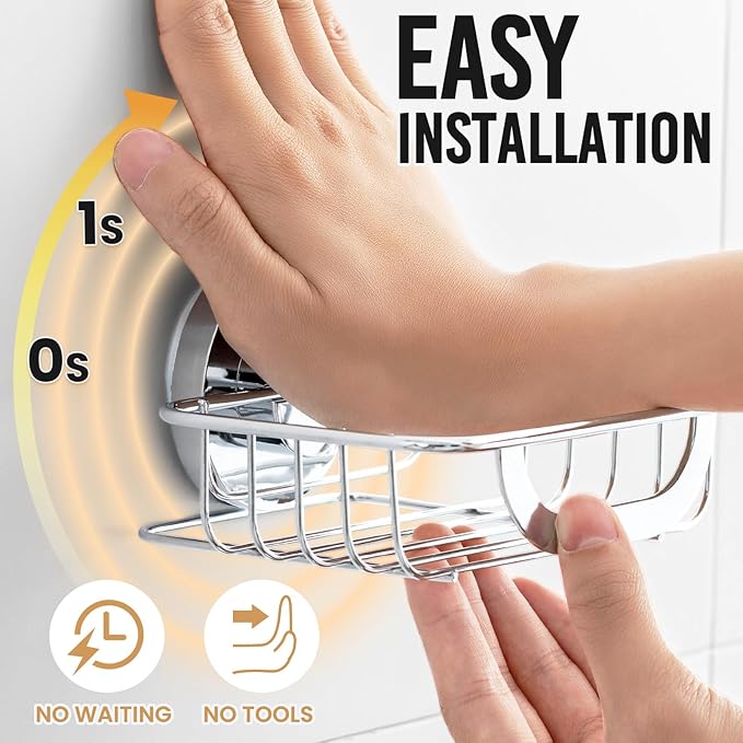 LEVERLOC Soap Holder Dish with Hooks for Shower, Bar Suction Cup Soap Tray Wall Mounted, Rustproof Stainless Steel No-Drilling Sponge Holder Caddy for Bathroom Bathtub Kitchen Sink, Silver