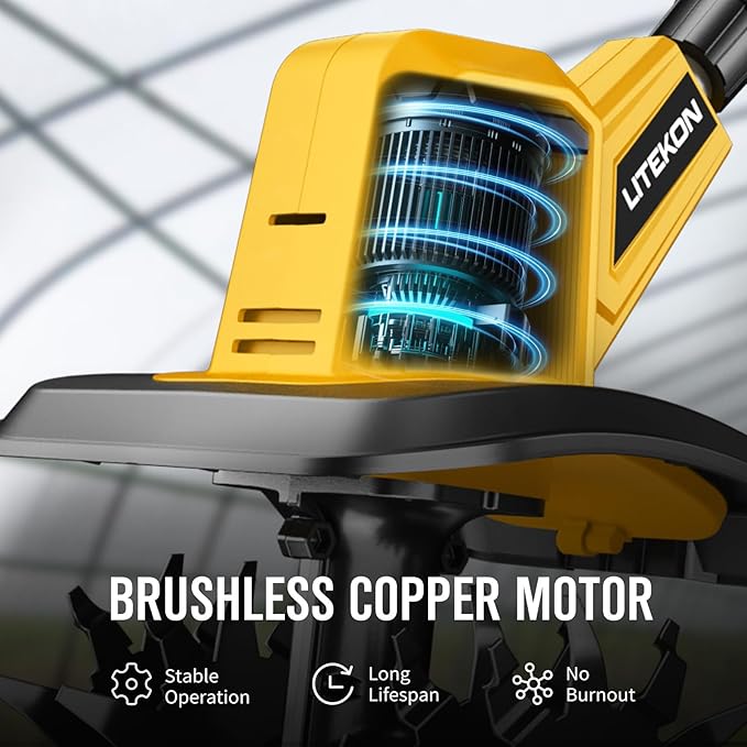 Powerful Cordless Tiller Cultivator with 720RPM Brushless Motor, 2x5.0Ah Batteries&1.5A Fast Charger, 10In Tilling Width and 7In Depth, Super Power Electric Garden Tiller Battery Powered