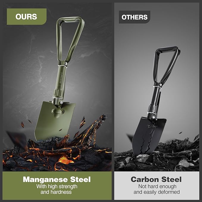 REDCAMP 23" Military Folding Camping Shovel w/Cover,Portable Shovel with High Manganese Steel, Tactical Entrenching Tool Tri-fold Handle Shovel for Camping Hiking Sand Mud Snow Beach, Green 2.5Lbs
