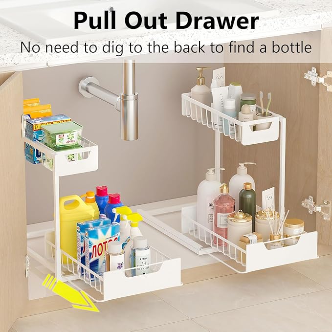 Under Kitchen Sink Organizers and Storage Pull Out 2 Tier Metal Bathroom Cabinet Organizer (White, 2 Pack)