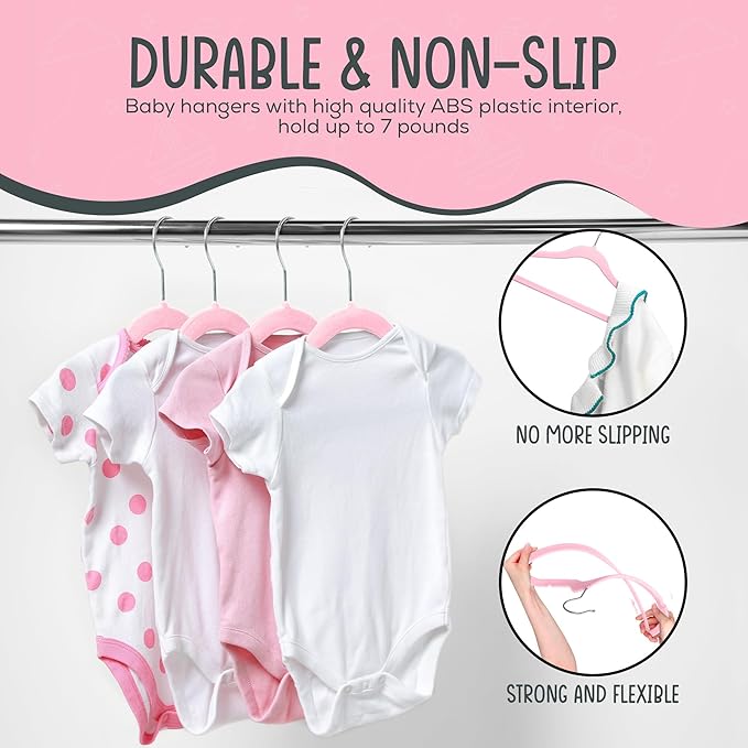 TechZoo 50 Premium Baby Velvet Hangers - 11.8 Inches Non-Slip & Ultra-Slim Baby Hangers for Space-Saving & Children Clothes - 360 Swivel Hook, Strong & Durable Infant & Toddler Clothes Hanger - Pink