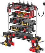 CCCEI Garage Tools Storage with Charging Station. Power Tool Battery Organizer Utility Shelf with Power Strip. 4 Drills Holder Wall Mount Rack, Black 5 Layer.