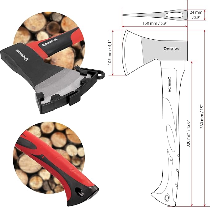 INTERTOOL 15” Hatchet and 36” Chopping Axe Set - Small Ax and Tree Felling Tool with Shock Absorbing Fiberglass Handles & Blade Protectors HT-0261-0264