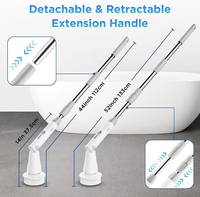 Electric Spin Scrubber, 2024 New Bathroom Cleaner, Power Shower Cleaning Brush with Extendable Handle & 4 Brush Heads, Shower Scrubber for Bathtub Tile Grout Kitchen Window and Floor (White/Gray)
