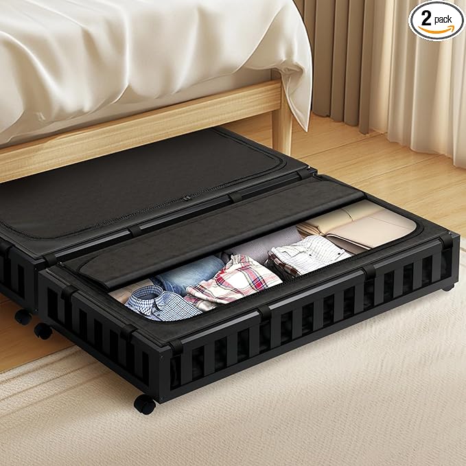 2 Pack Bamboo Under Bed Storage with Wheels, 39”x20”x7.8” Lager Under Bed Storage Containers (Black)