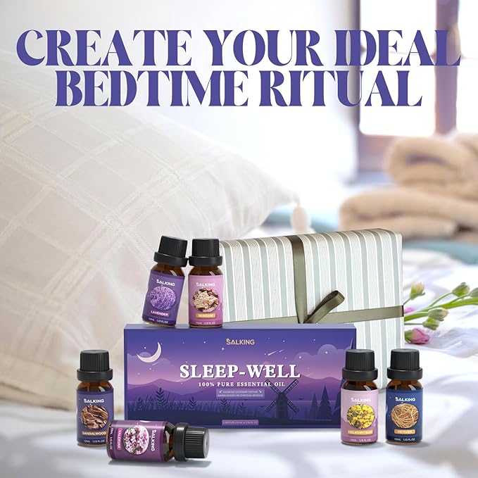SALKING Sleep Essential Oils Set, Pure and Natural Essential Oils, Fragrance Oil Scented Oils for Oil Diffusers 6 x 10 ML - Lavender, Vetiver, Sandalwood, Valerian, Helichrysum, Benzoin…