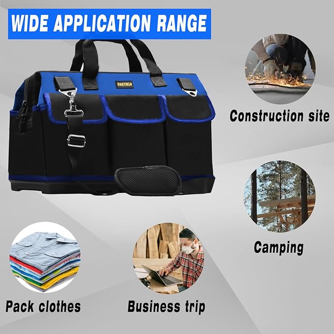 FASTECH 20 Inch Bottom Tools Bag With Wide Mouth For Tool Storage, Carrier and Organizer, Heavy Duty Tool Tote Bag for Men/Women, Wide Mouth Tool Bag With Inside Pockets (20 Inch)