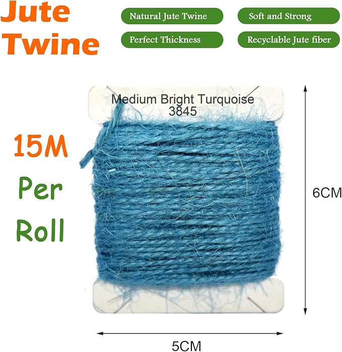 Jute Twine 15m Long Twine String for Crafts Gift Wrapping Packing Gardening Crochet Knitting Macrame Decor (Medium Bright Turquoise)
