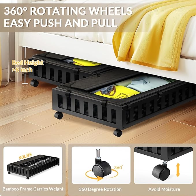 2 Pack Bamboo Under Bed Storage with Wheels, 39”x20”x7.8” Lager Under Bed Storage Containers (Black)