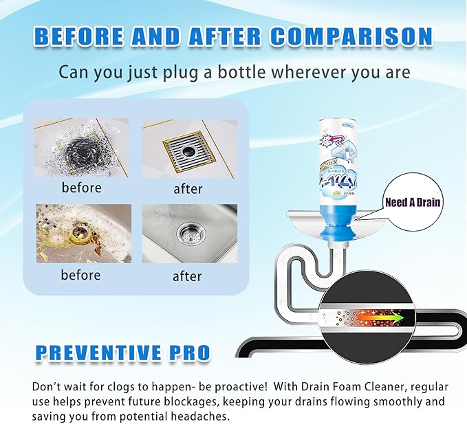 Foam Drain Cleaner, Drain Foam Cleaner, Powerful Foaming Sink Drain Cleaner, Liquid Hair Drain Clog Remover for Kitchen Drain, Sinks, Tubs (2 PCS)
