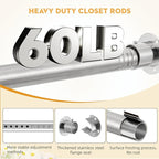 1.3 Inch Diameter Closet Rods for Hanging Clothes 17-100 Inch Adjustable, Metal Heavy Duty Closet Pole, Silver Closet Bar for Hanging Clothes, Suitable for Closet, Wardrobes, Bathroom, Windows