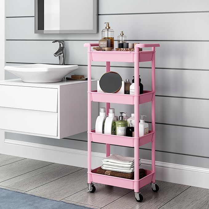 Utility cart with Tabletop 4 Tier Rolling Cart Organizer with Wheels Movable Storage Cart for Office, Living Room, Kitchen, Craft Room, Pink