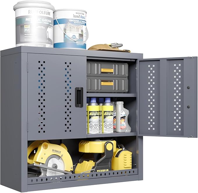 Metal Garage Storage Cabinet Industrial Style Wall Garage Cabinets with 2 Doors Open Storage and Adjustable Shelf Wall Mounted Steel Hanging Cabinet for Warehouse Kitchen Laundry - Assembly Required