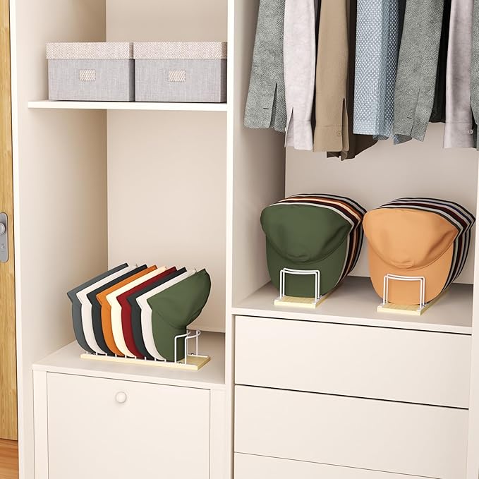 SWTYMIKI Hat Stand for Baseball Caps - Wood & Metal Tabletop Hat Organizer Storage Display Rack, Holds up to 10 Caps for Desk, Closet Shelf, Dresser (White)
